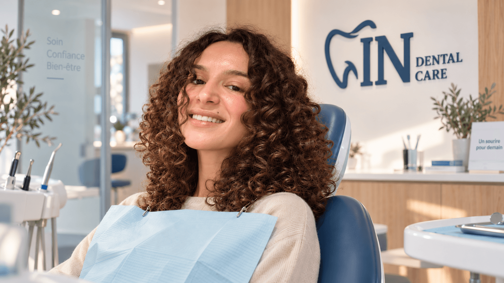 Une patiente souriante dans un cabinet IN Dental Care, lumineux et chaleureux